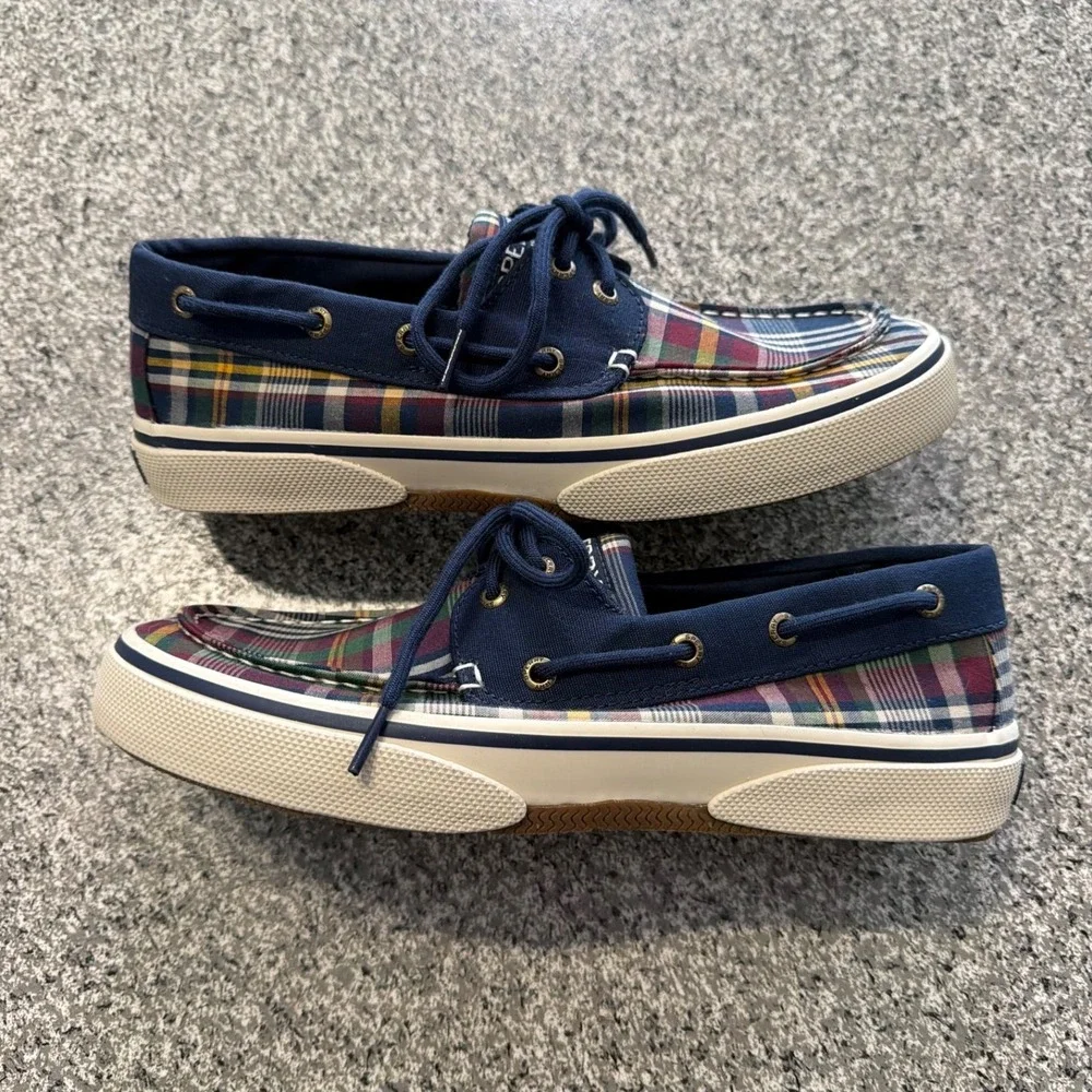Sperry Boat Shoes Mens 8 Halyard Pretty Plaid Casual Navy STS22763